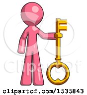 Pink Design Mascot Man Holding Key Made Of Gold