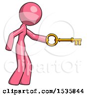 Poster, Art Print Of Pink Design Mascot Woman With Big Key Of Gold Opening Something