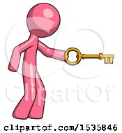 Poster, Art Print Of Pink Design Mascot Man With Big Key Of Gold Opening Something