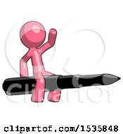 Pink Design Mascot Man Riding A Pen Like A Giant Rocket