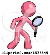 Poster, Art Print Of Pink Design Mascot Man Inspecting With Large Magnifying Glass Right