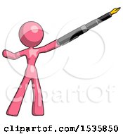 Pink Design Mascot Woman Pen Is Mightier Than The Sword Calligraphy Pose