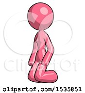 Pink Design Mascot Woman Kneeling Angle View Left
