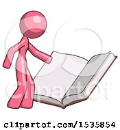 Poster, Art Print Of Pink Design Mascot Woman Reading Big Book While Standing Beside It