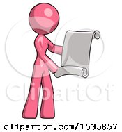 Pink Design Mascot Woman Holding Blueprints Or Scroll