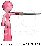 Pink Design Mascot Woman Standing With Ninja Sword Katana Pointing Right