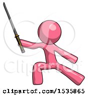 Pink Design Mascot Man With Ninja Sword Katana In Defense Pose