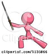 Pink Design Mascot Woman With Ninja Sword Katana In Defense Pose