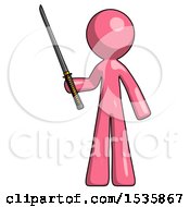 Poster, Art Print Of Pink Design Mascot Man Standing Up With Ninja Sword Katana