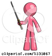 Pink Design Mascot Man Standing Up With Ninja Sword Katana