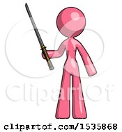 Poster, Art Print Of Pink Design Mascot Woman Standing Up With Ninja Sword Katana