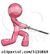 Poster, Art Print Of Pink Design Mascot Man With Ninja Sword Katana Slicing Or Striking Something