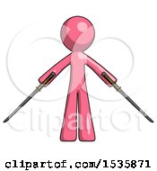 Pink Design Mascot Man Posing With Two Ninja Sword Katanas