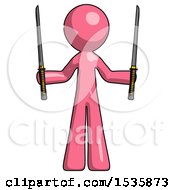 Poster, Art Print Of Pink Design Mascot Man Posing With Two Ninja Sword Katanas Up