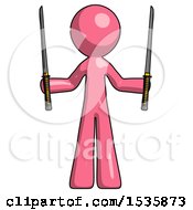 Pink Design Mascot Man Posing With Two Ninja Sword Katanas Up