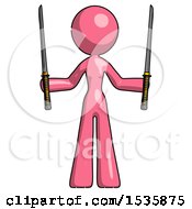 Poster, Art Print Of Pink Design Mascot Woman Posing With Two Ninja Sword Katanas Up