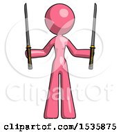 Pink Design Mascot Woman Posing With Two Ninja Sword Katanas Up