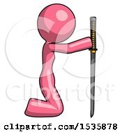 Poster, Art Print Of Pink Design Mascot Woman Kneeling With Ninja Sword Katana Showing Respect