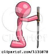 Pink Design Mascot Woman Kneeling With Ninja Sword Katana Showing Respect