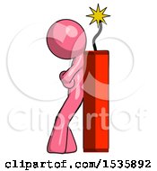 Poster, Art Print Of Pink Design Mascot Man Leaning Against Dynimate Large Stick Ready To Blow