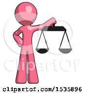 Pink Design Mascot Man Holding Scales Of Justice