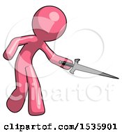 Pink Design Mascot Man Sword Pose Stabbing Or Jabbing
