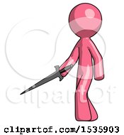 Poster, Art Print Of Pink Design Mascot Man With Sword Walking Confidently