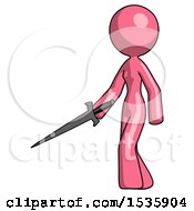 Poster, Art Print Of Pink Design Mascot Woman With Sword Walking Confidently