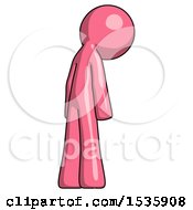 Pink Design Mascot Man Depressed With Head Down Back To Viewer Right