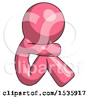 Pink Design Mascot Man Sitting With Head Down Facing Sideways Right