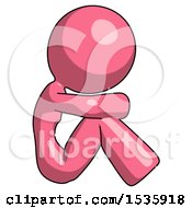 Pink Design Mascot Woman Sitting With Head Down Facing Sideways Right