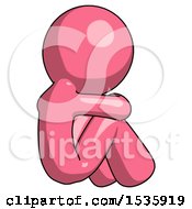 Pink Design Mascot Man Sitting With Head Down Back View Facing Right