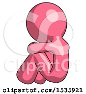 Pink Design Mascot Man Sitting With Head Down Back View Facing Left