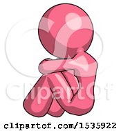 Pink Design Mascot Woman Sitting With Head Down Back View Facing Left