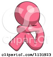 Pink Design Mascot Man Sitting With Head Down Facing Sideways Left
