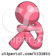 Pink Design Mascot Woman Sitting With Head Down Facing Sideways Left