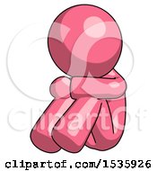 Pink Design Mascot Man Sitting With Head Down Facing Angle Left