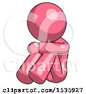 Pink Design Mascot Woman Sitting With Head Down Facing Angle Left
