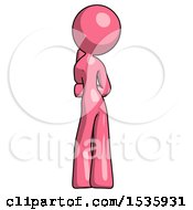 Pink Design Mascot Woman Thinking Wondering Or Pondering Rear View