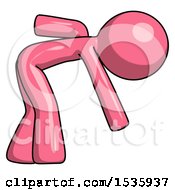 Pink Design Mascot Man Picking Something Up Bent Over