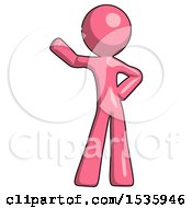 Pink Design Mascot Man Waving Right Arm With Hand On Hip