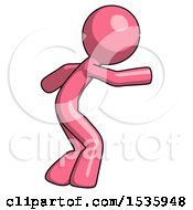 Pink Design Mascot Man Sneaking While Reaching For Something