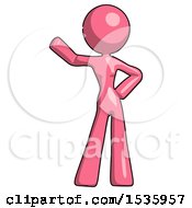 Pink Design Mascot Woman Waving Right Arm With Hand On Hip