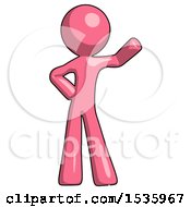 Pink Design Mascot Man Waving Left Arm With Hand On Hip
