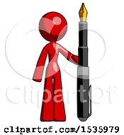 Red Design Mascot Woman Holding Giant Calligraphy Pen