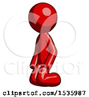 Red Design Mascot Man Kneeling Angle View Left