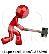 Poster, Art Print Of Red Design Mascot Man Hitting With Sledgehammer Or Smashing Something
