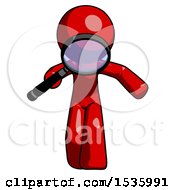 Red Design Mascot Man Looking Down Through Magnifying Glass