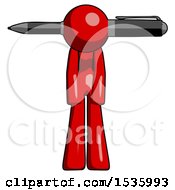 Red Design Mascot Woman Pen Stuck Through Head