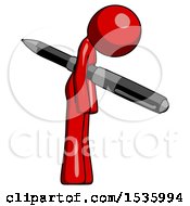 Red Design Mascot Woman Impaled Through Chest With Giant Pen